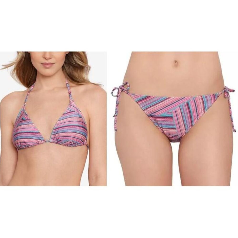 Salt‎ + Cove Under Wraps Striped Triangle Side Tie Hipster Bikini Set Pink L